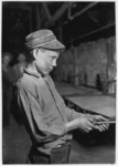 Lewis Hine child labor: Carrying-in Boy at the Lehr, (15 years old) Glass Works, Grafton, W. Va. Has worked for several years. Works nine hours. Day shift one week, night shift next week. Gets $1.25 per day. Location: Grafton, West Virginia.