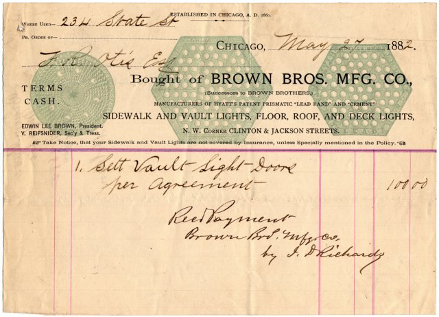 Brown Brothers Mfg Co. & Vault Lights · 1882 Otis Invoice