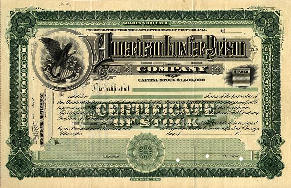 American Luxfer Prism Company Sample Stock Certificate (front) American Luxfer Prism Company Sample Stock Certificate (front)