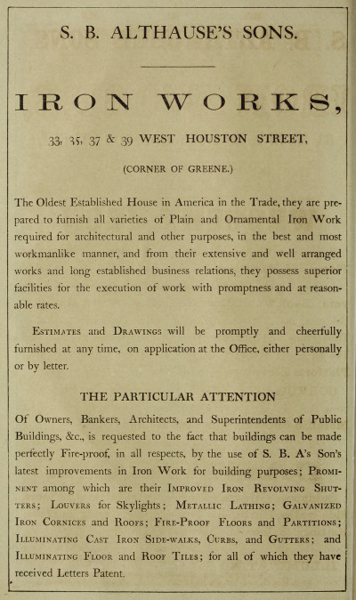 S. B. Althause & Sons Iron Works ad, Trow's New York city directory, 1863, p32