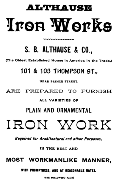 S. B. Althause & Sons Iron Works ad, Trow's New York City Directory, 1890