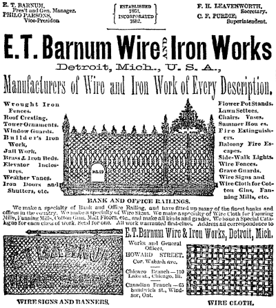 Ad for E. T. Barnum Wire & Iron Works in The Detroit Free Press, Mar 1, 1884