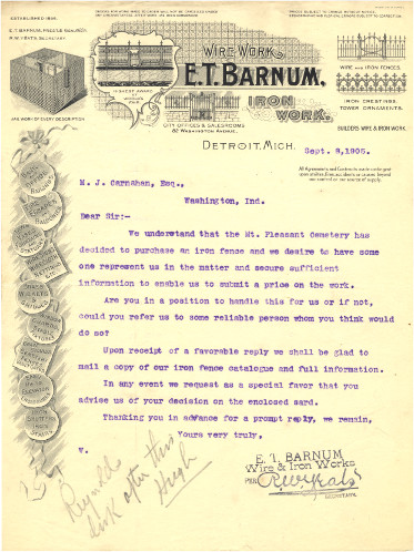 1905 letter from E. T. Barnum Wire & Iron Works to M. J. Carnahan, Esq., of Washington, Indiana