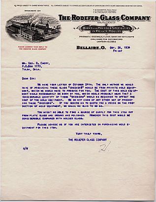 1934 letter to Mr. Geo. S. Emery from Rodefer Glass Company