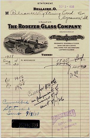 1938 Account Statement to Reliance Lighting Cond. Co. from Rodefer Glass Company
