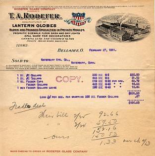 1911 Bill to Waterbury Mfg. Co. from The Rodefer Glass Company