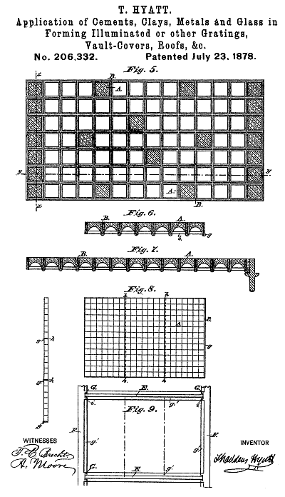 206,332 &middot; Hyatt &middot; Improvement in the Application of Cements, Clays, Metals and Glass in forming Illuminated or Other Gratings, Vault-Covers, Roofs, &c.