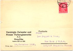 1928 Postcard from Zweiseler and Pirnaer Farbenglaswerke to Leo Popper & Sons (front)