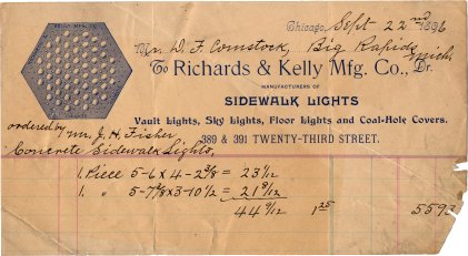 1896 bill to D. J. Comstock from Richards & Kelly for concrete sidewalk lights