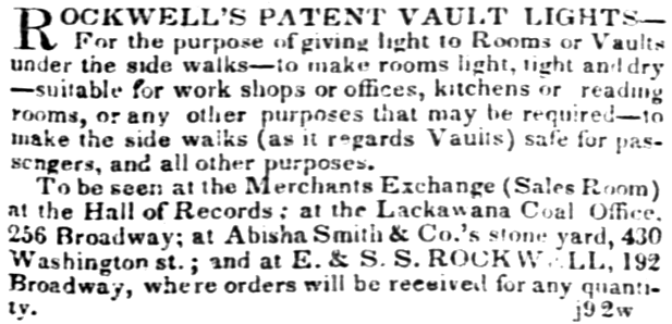 Rockwell's Patent Vault Light ad in The Evening Post, Jan 16, 1834