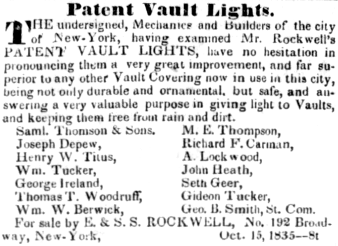 Rockwell's Patent Vault Light ad in The Long Island Star, Oct 22, 1835