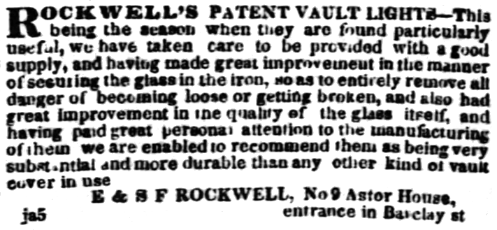 Rockwell's Patent Vault Light ad in The Evening Post, Jan 13, 1841