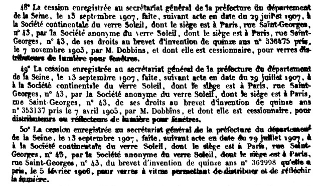 Verre-Soleil patents in Bulletin des lois de la R&eacute;publique fran&ccedil;aise, 1908