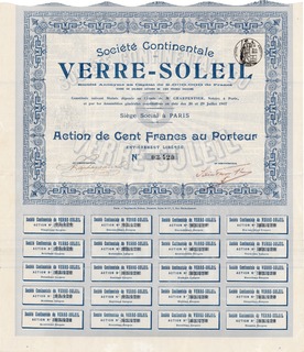 Verre-Soleil stock certificate with dividend coupons, 1907