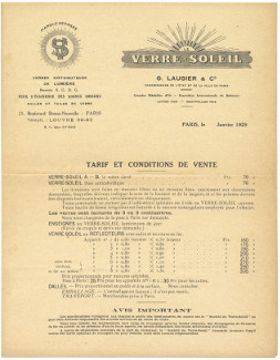 Verre-Soleil tarifs insert dated 1929 Verre-Soleil tarifs insert dated 1929